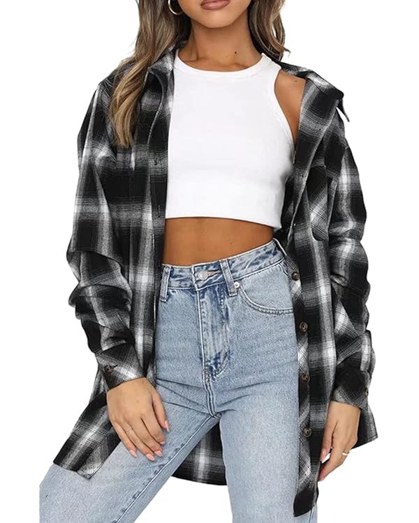 CHYRII Womens Button Down Flannel Shirts Long Sleeve Plaid Shackets Business Casual Blouse Top | Amazon (US)