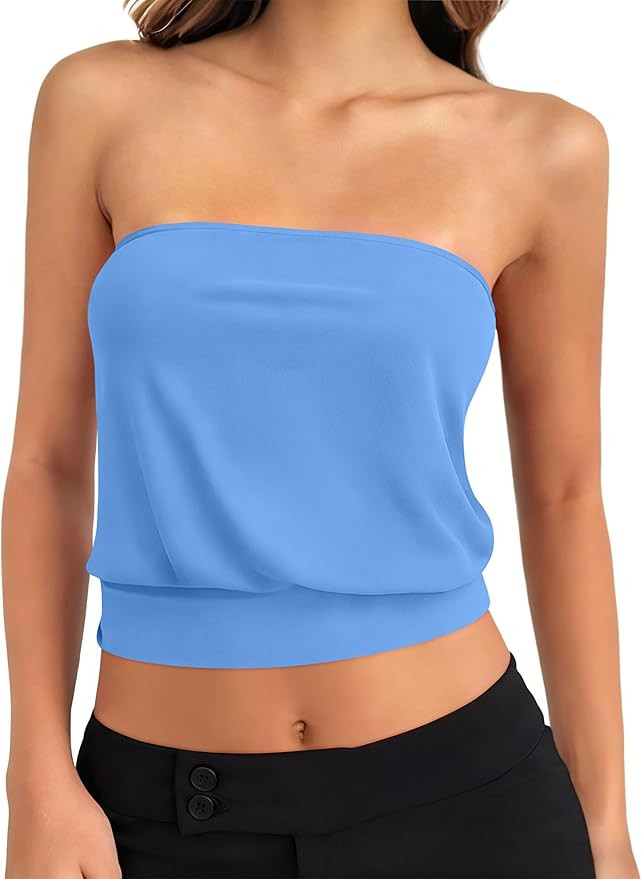 ANRABESS Tube Tops for Women Bandeau Strapless Cropped Banded Hem 2026 Summer Clothes Sky Blue Sm... | Amazon (US)
