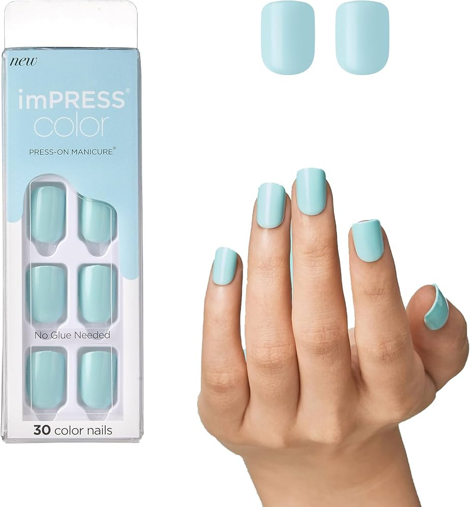 KISS imPRESS No Glue Mani Press On Nails, Color, 'Mint to Be', Aqua, Short Size, Squoval Shape, I... | Amazon (US)
