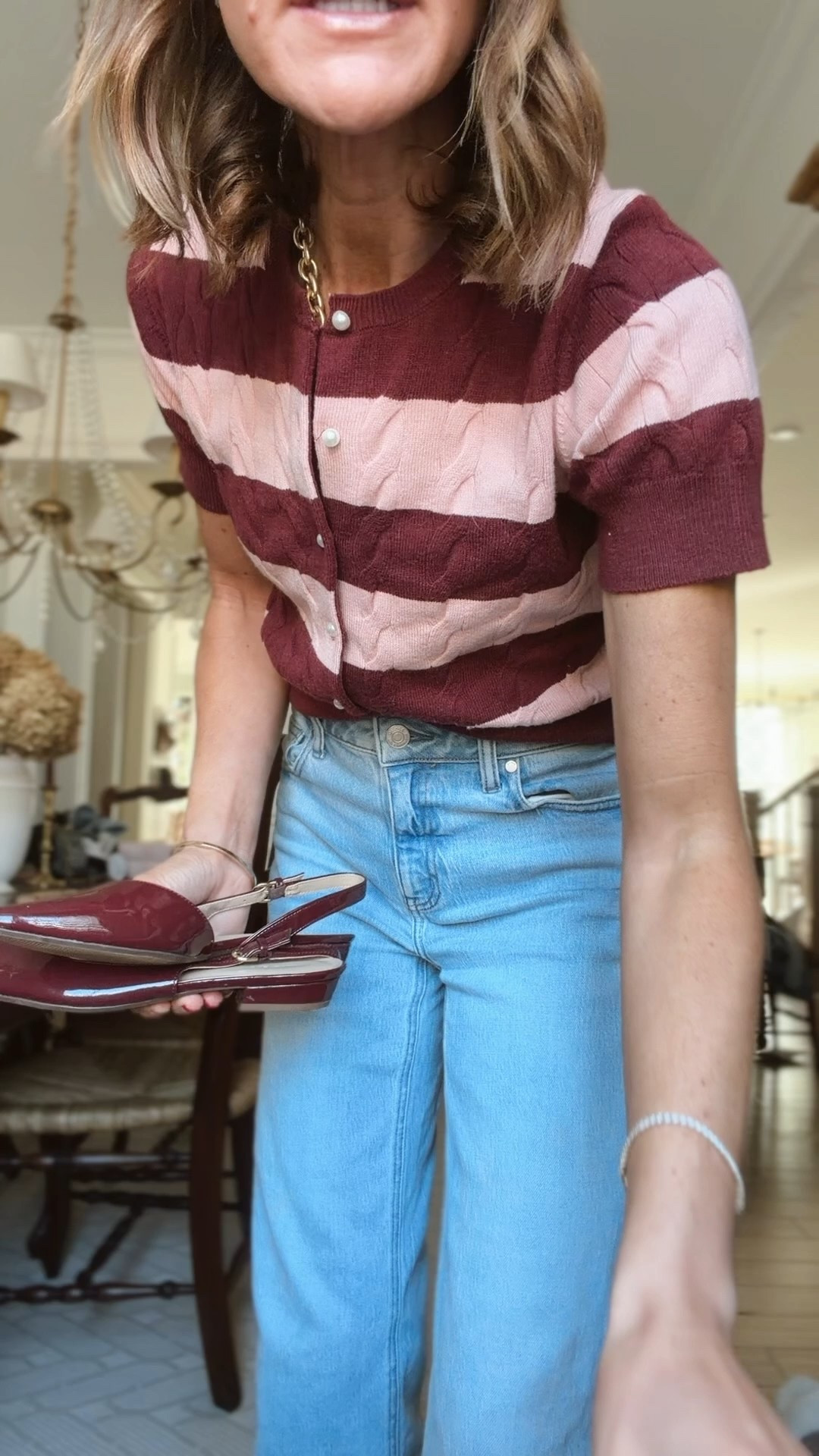 Small in cardigan 
26 with a 30” inseam in jeans 
Xs in coat 