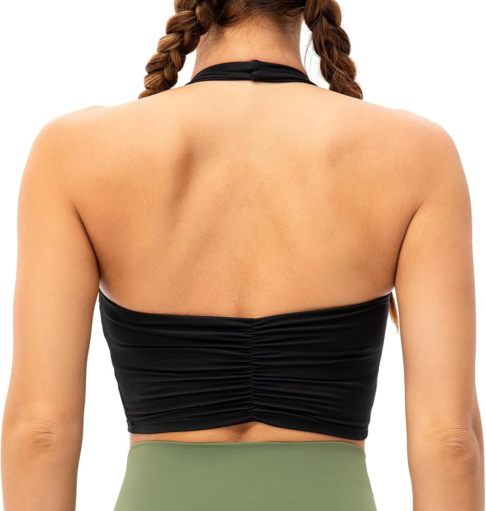 Lavento Women's Halter Sports Bra Pleated Longline Padded Yoga Crop Bras Top | Amazon (US)