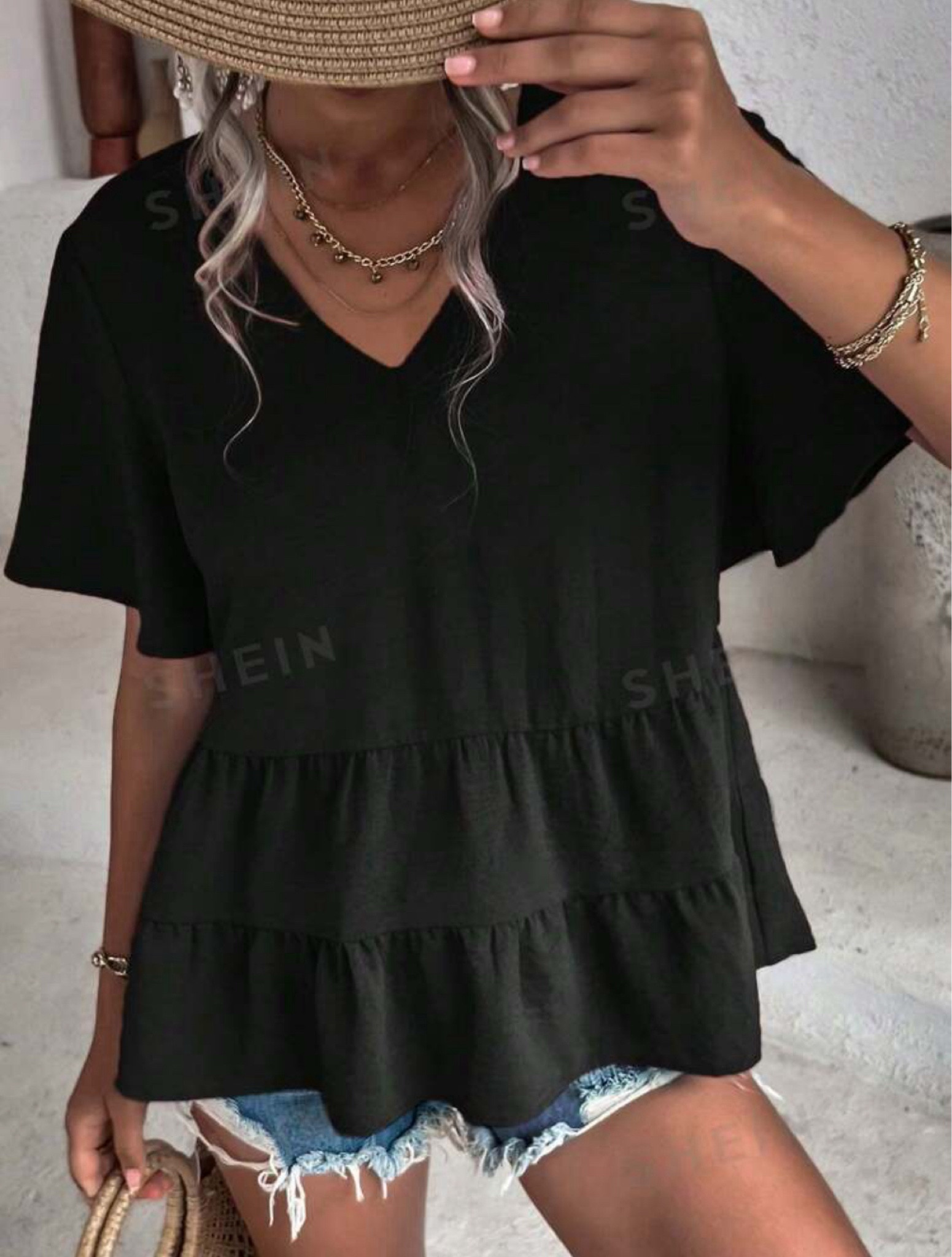 SHEIN VCAY Solid Ruffle Hem Blouse curated on LTK