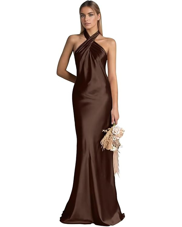 Lindo Novia Satin Bridesmaid Dresses for Wedding Halter Mermaid Formal Wedding Guest Dress Long f... | Amazon (US)