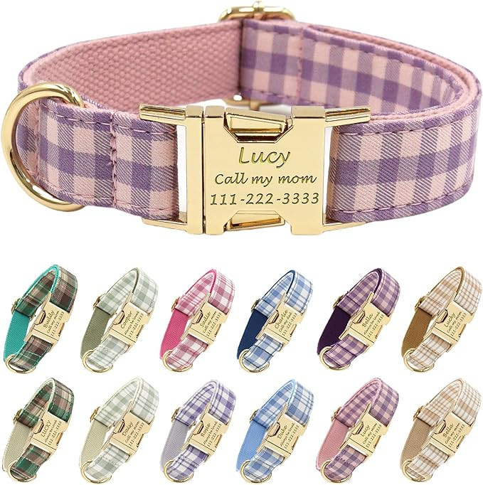 PETDURO Personalized Dog Collar Pink Purple Gingham Plaid for Large Medium Dogs | Engraved Name a... | Amazon (US)