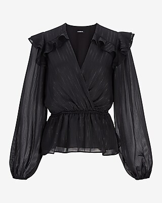 Metallic Ruffle Balloon Sleeve Peplum Top | Express