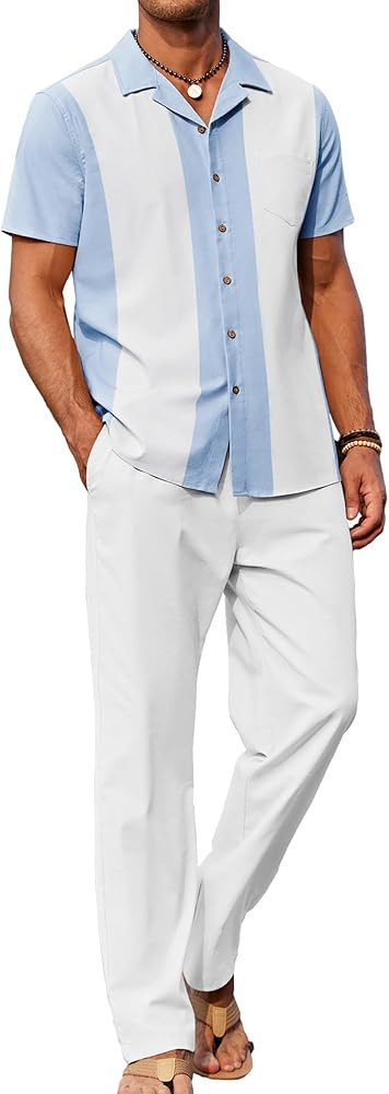 COOFANDY Men 2 Piece Linen Outfit Beach Button Down Shirt Casual Loose Pant Sets | Amazon (US)