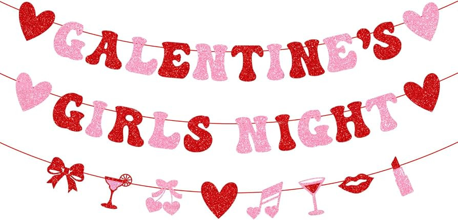 Glittery Galentines Girls Night Banner Happy Galentines Day Garland Banner Valentines Day Heart D... | Amazon (US)