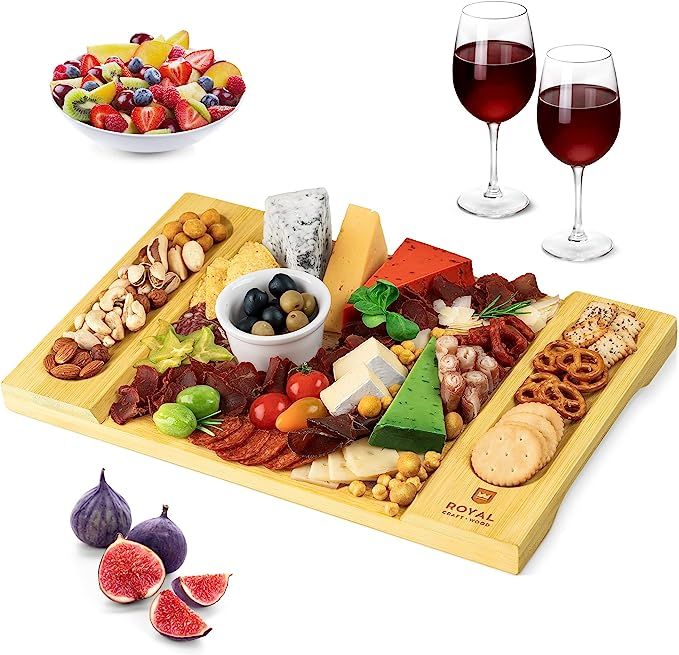 Amazon.com: Unique Bamboo Cheese Board, Charcuterie Platter and Serving Tray for Wine, Crackers, ... | Amazon (US)