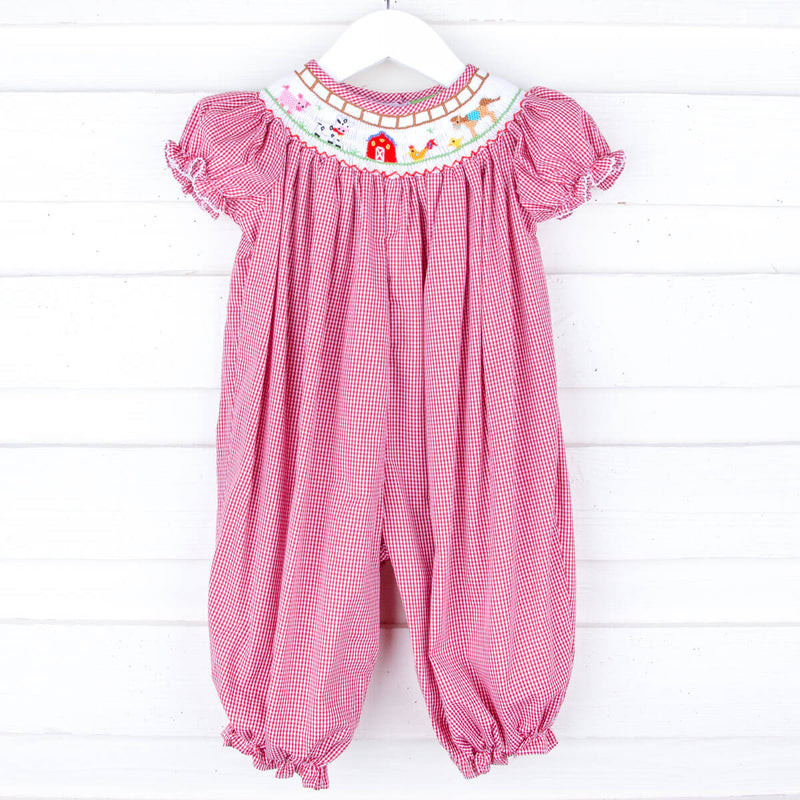 Farm Smocked Red Gingham Long Bubble | Classic Whimsy