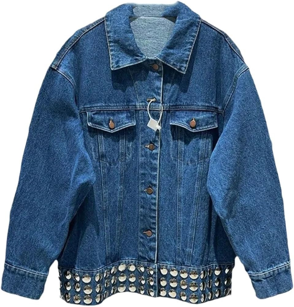 Women's All Season Long Sleeve Nail Decoration Hem Denim Patchwork Jacket Clothing | Amazon (US)