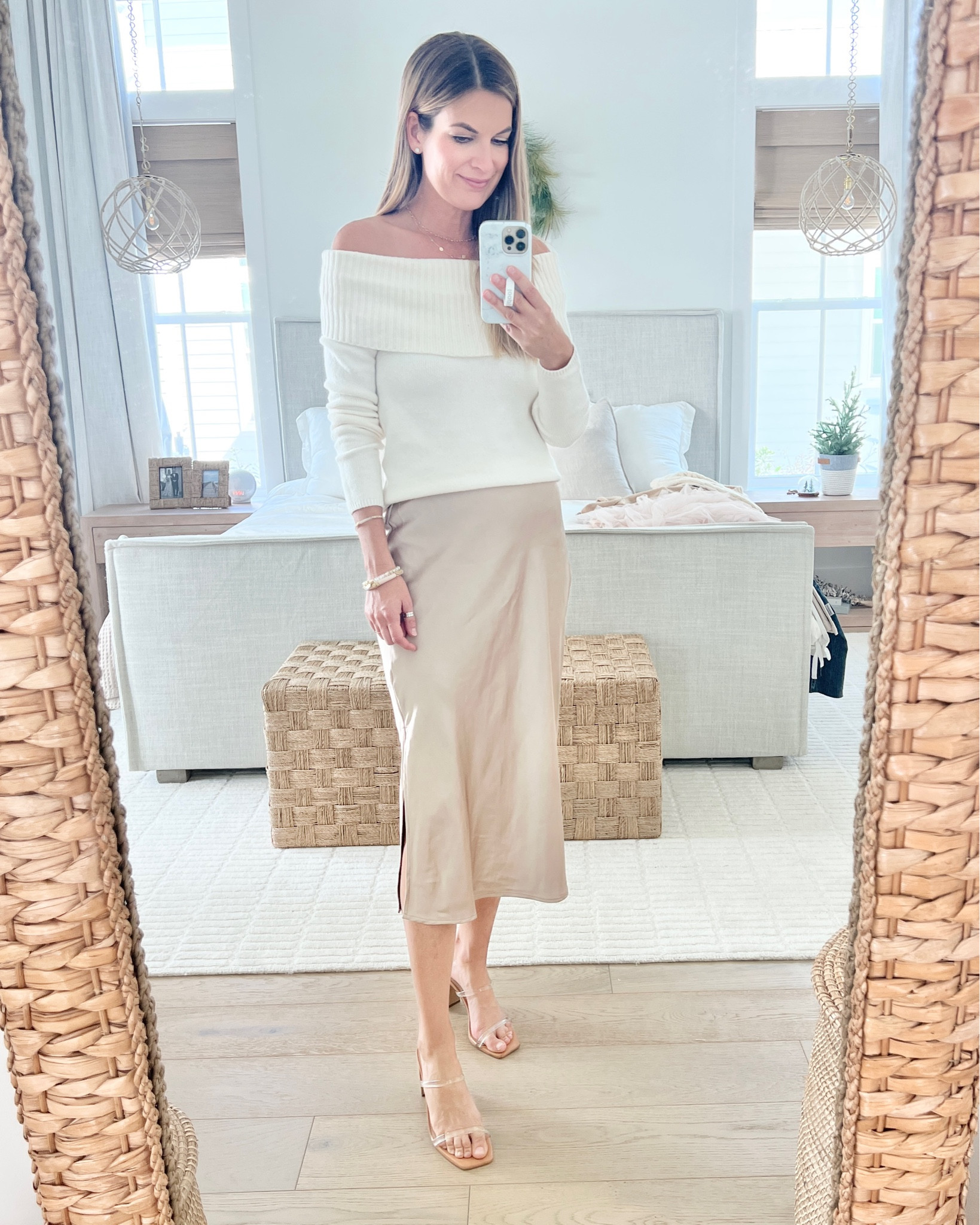 Holiday party outfit. Xs satin midi skirt. Xs tall off the shoulder sweater.  

#LTKHoliday #LTKCyberWeek #LTKover40