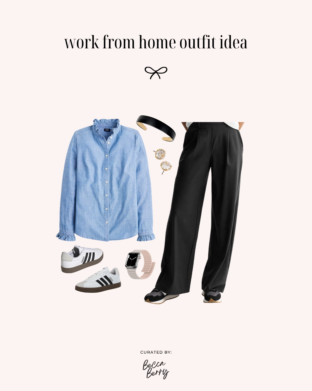 Midsize work from home outfit idea (this can also be worn in-office).

Outfit details:
J.crew Factory Chambray ruffle button-down top
Kohls FLX pull-on tricot trousers
Adidas VL Court 3.0 shoes
Accessories: Kate Spade sparkle stud earrings, magnetic Apple Watch band, and faux leather headband

#LTKootd #LTKMidsize #LTKWorkwear