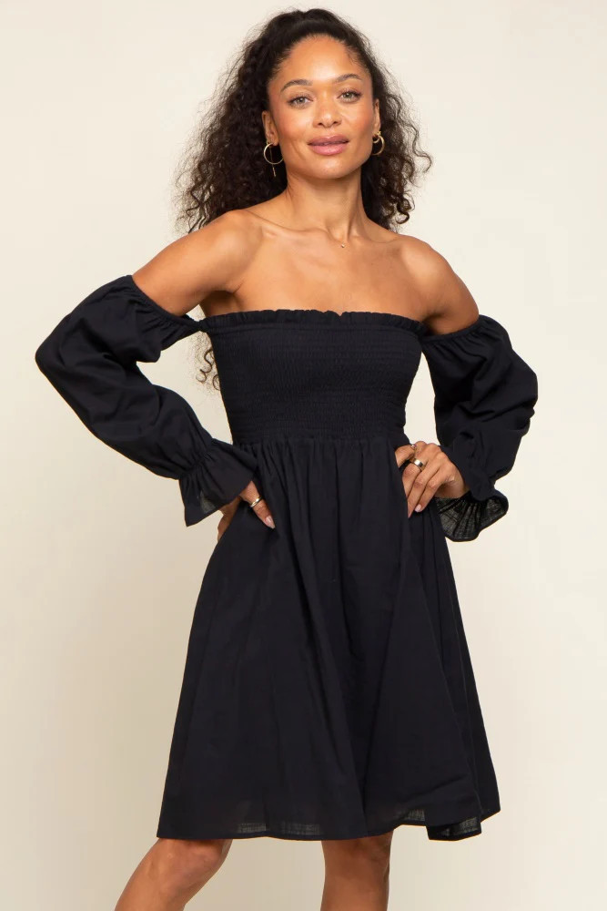 Black Smocked Off Shoulder Long Sleeve Dress | PinkBlush Maternity