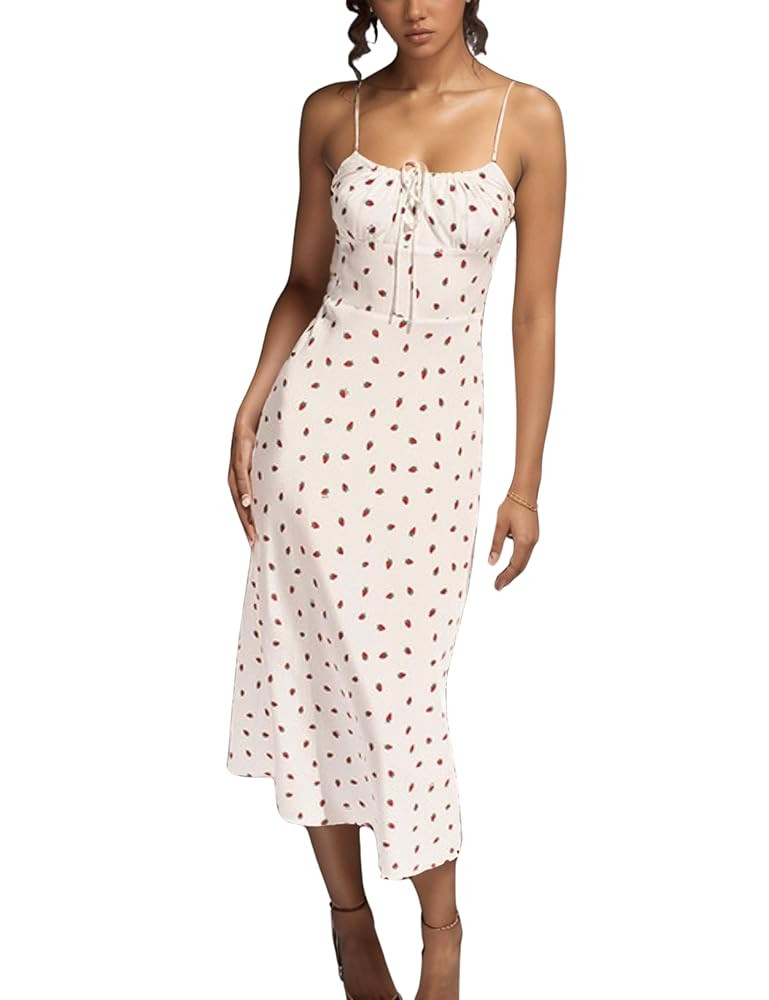 Omoone Womens Floral Dress Low-Cut Square Neck Spaghetti Strap Tie Bodycorn 90s Y2k Sun Dresses | Amazon (US)
