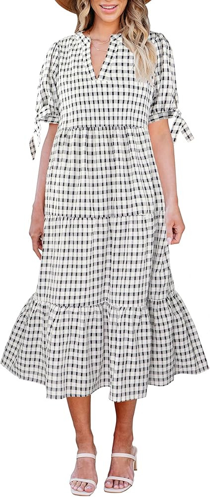 ECOWISH Women Summer Casual Dress - V Neck Short Sleeve Gingham Midi Pleated Tiered Loose Fit Hol... | Amazon (US)