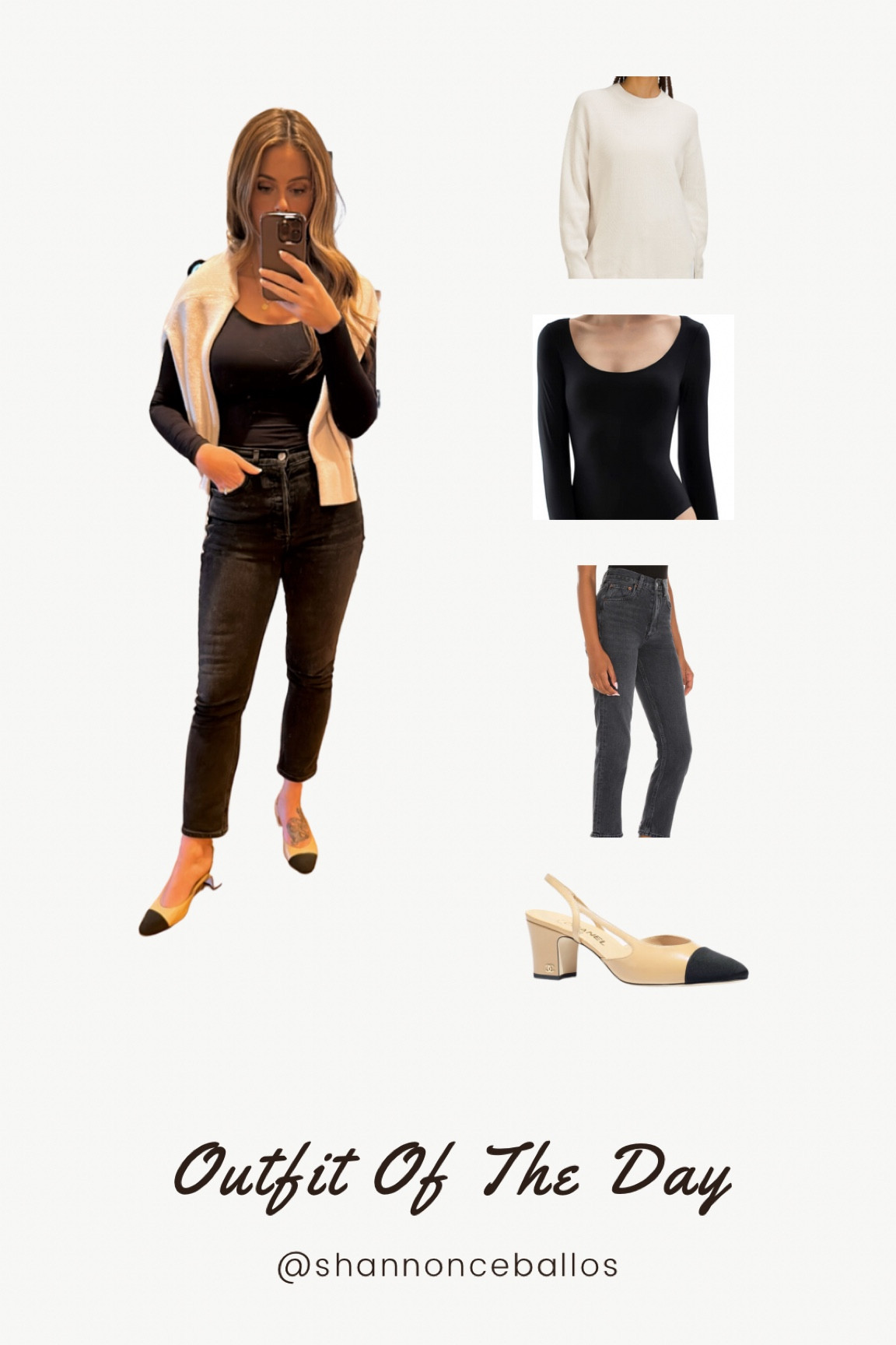 Work outfit. All black outfit. Black jeans. Black bodysuit. Agolde Riley. Cap toe sling backs. Spring work outfit. Classic style  

#LTKworkwear #LTKSeasonal