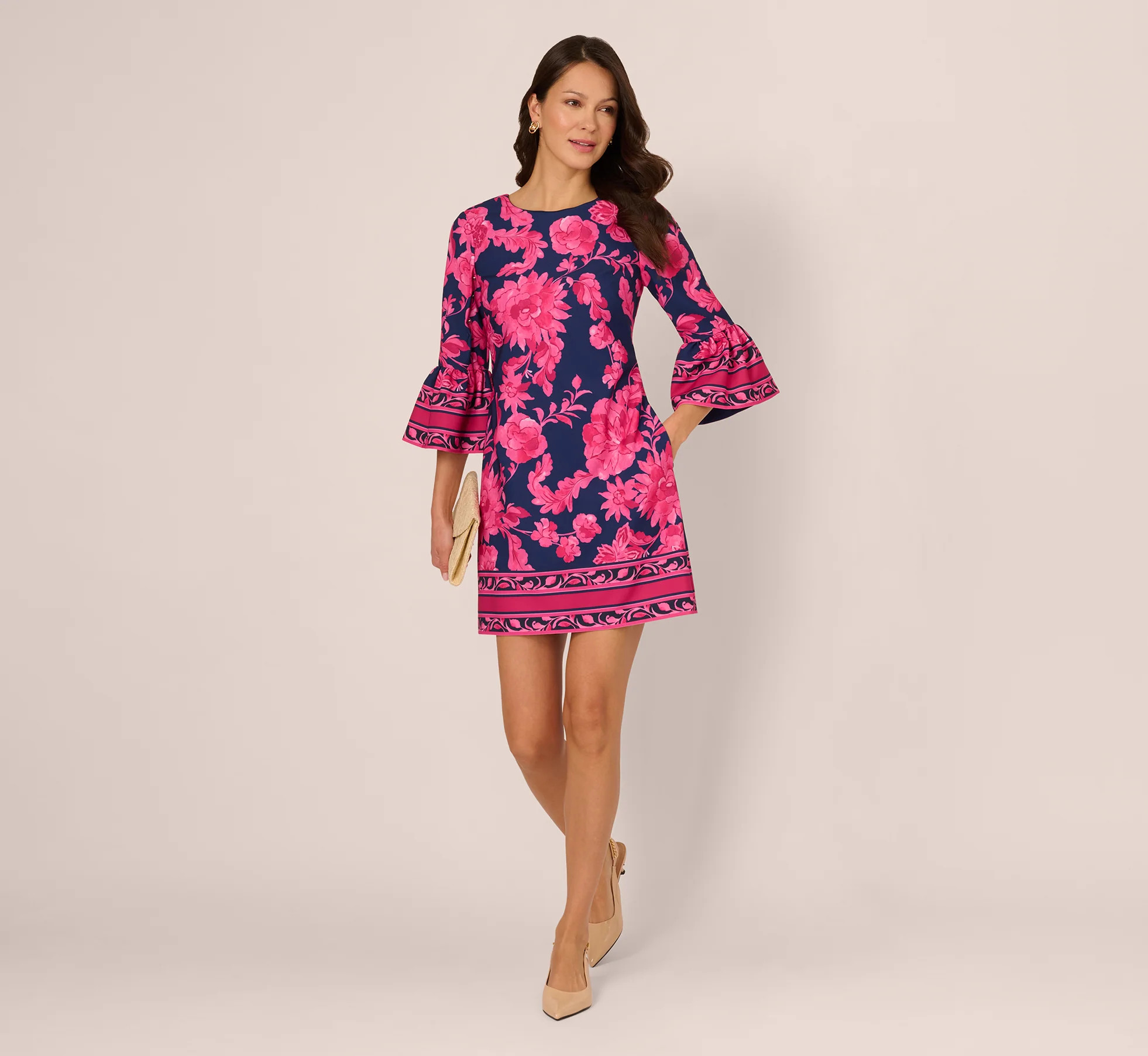 Bell Sleeve Floral Twill Short Dress In Navy Multi | Adrianna Papell