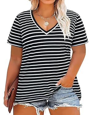 CARCOS Womens Plus Size Tops Basic Summer Shirts Short Sleeve V Neck Tunics Casual T-Shirt Loose ... | Amazon (US)