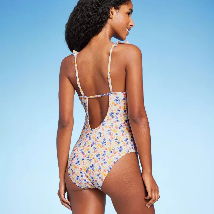 Women's Ruffle Shoulder Plunge One Piece Swimsuit - Shade & Shore™ Ditsy Floral Print | Target