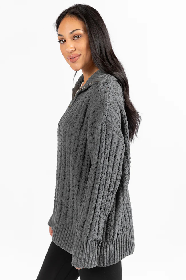 Forever Yours Charcoal Cable Knit Chenille Quarter Zip Sweater | Pink Lily
