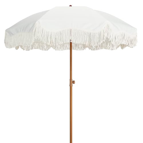 AMMSUN Boho Fringe Umbrella Outdoor Patio, 6.5ft UPF50+ Picnic Umbrella with Tassels with Steel Pole and Push Button Tilt, Antique White | Amazon (US)