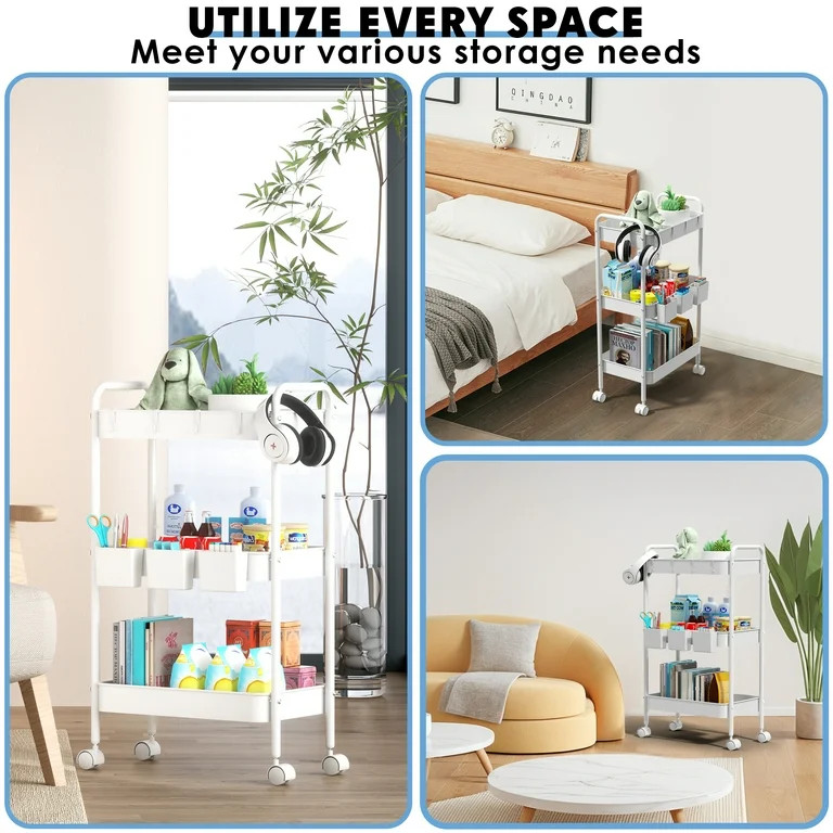 Cshidworld Rolling Trolley Kitchen Storage Carts, with Handle and Lockable Wheels, Iron White | Walmart (US)