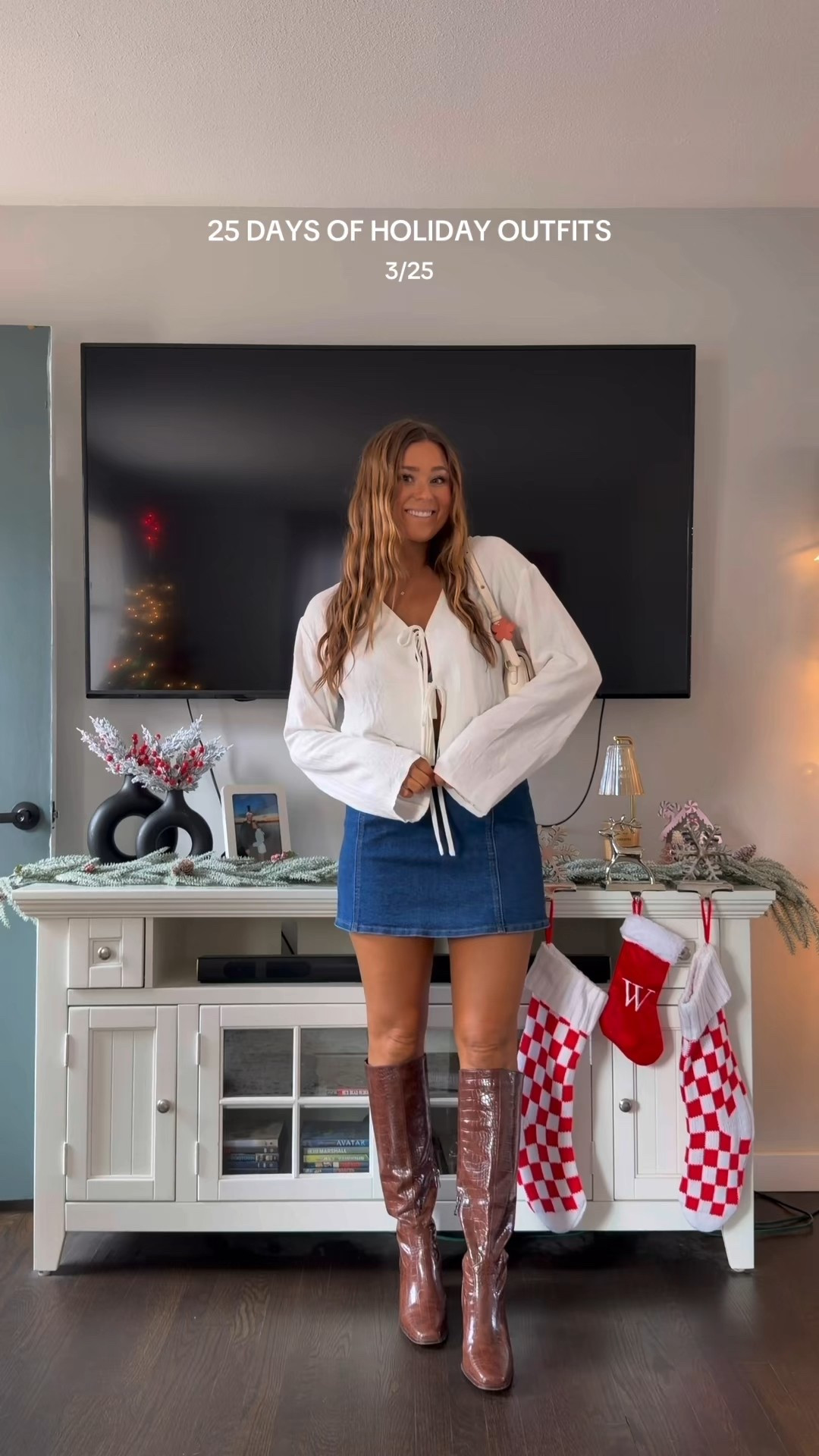 holiday outfit idea!! denim skirt is stretchy and so comfy! brown boots are a fall staple!! wearing a medium in top and skirt and 8.5 in boots- all fit true to size! 

#LTKootd #LTKFindsUnder50