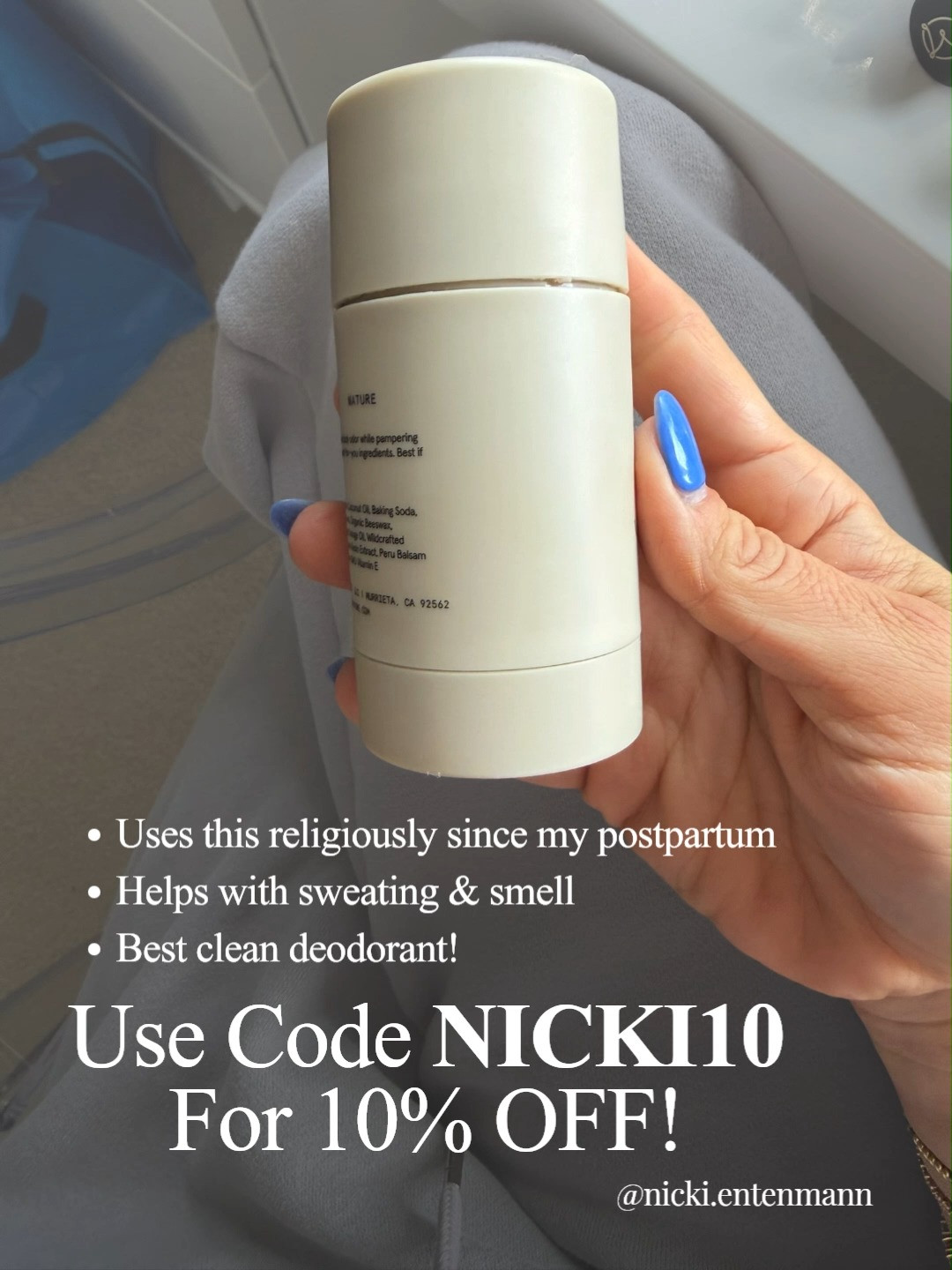 This is my ride‑or‑die clean deodorant calms sweat, kills odor, and feels so good I’ve used it religiously since postpartum. Treat yourself to fresh confidence with code NICKI10 for 10% off! 🌿✨👊

#cleanbeauty #cleanliving #cleanlifestyle #cleanessentials #naturalskincare #postpartumcare #momlife #sweatfree #odorfree #naturalliving 

 #LTKSaleAlert #LTKBeauty