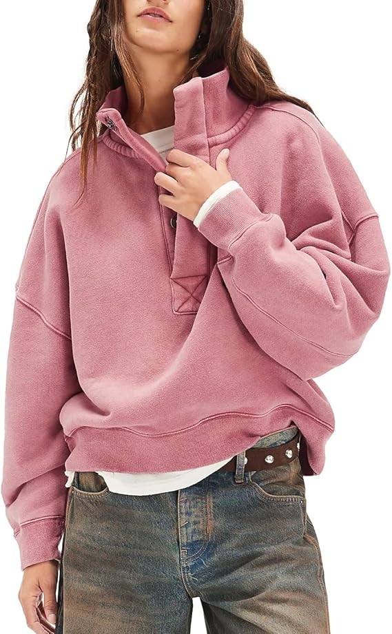 Sweatshirt for Women Long Sleeve 1/4 Button Mock Neck Pullover Tops Casual Outfits Tops | Amazon (US)