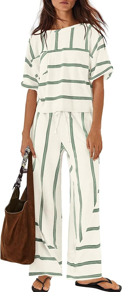 Nirovien Womens Striped Lounge Set 2 Piece Vacation Sets Short Sleeve Tops and Wide Leg Pants Tra... | Amazon (US)