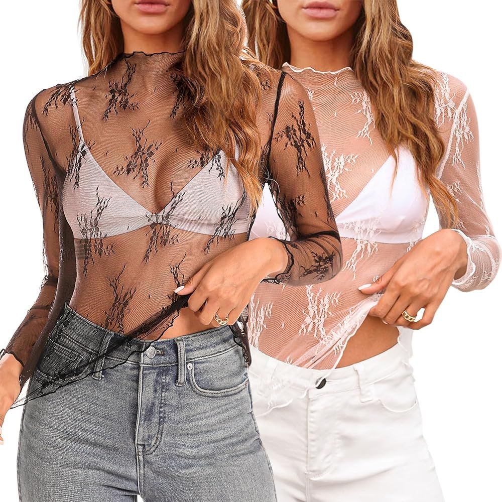 Aoulaydo lace Long Sleeve top for Women mesh Layering top Mock Neck Floral See Through Tops | Amazon (US)