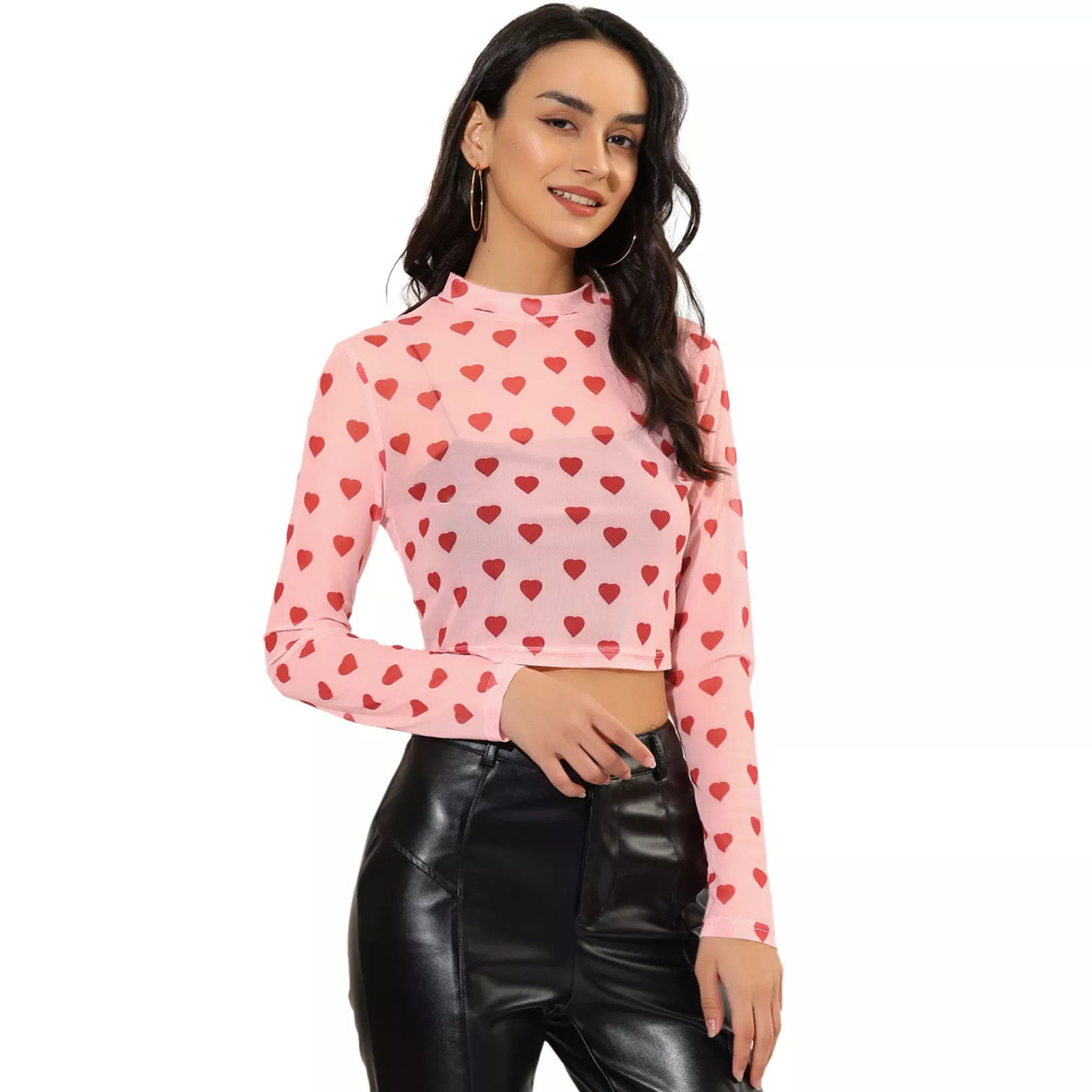 Women's Semi-Sheer Blouse Heart Crop Tops Mesh Top | Kohl's