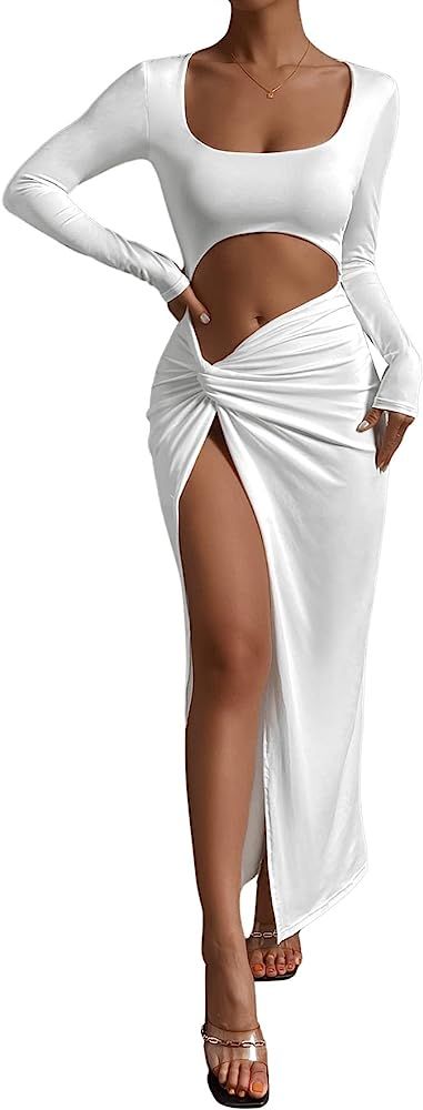 Floerns Women's Cutout Twist Front Long Sleeve Scoop Neck Slit Hem Long Dress | Amazon (US)