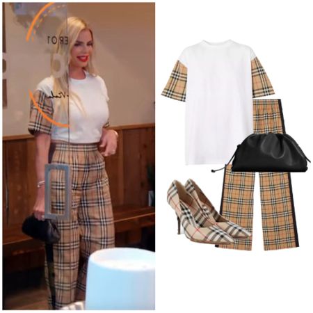 Alexia Echevarria’s Tan Plaid Burberry Tee Shirt, Pants, Pump and Black Clutch (her shirt is tied up in the back)