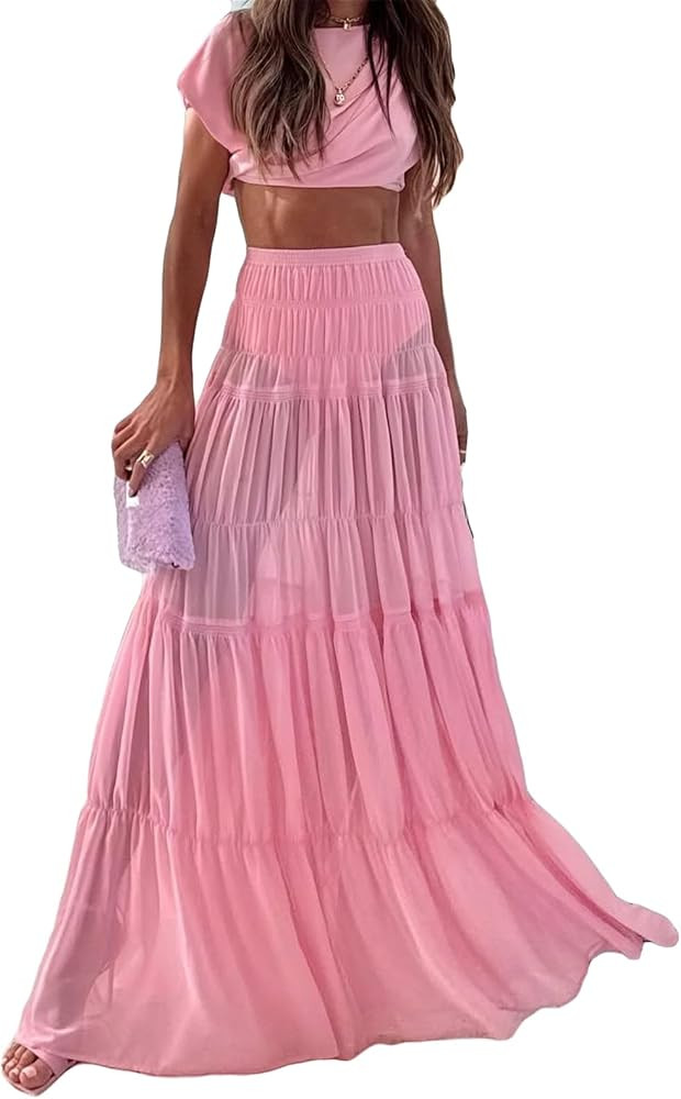 Qikaka Women's 2 PCS T-shirts Tops Bodycon Mesh Ruched Ruffles Skirts Sexy Nightclub Party Dress ... | Amazon (US)
