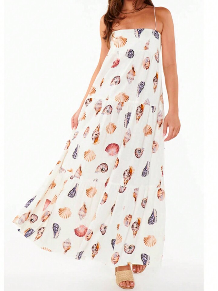 New Spring/Summer Sleeveless Tiered Print Dress,Oversized INS Resort Seashell & Conch Print Pocke... | SHEIN