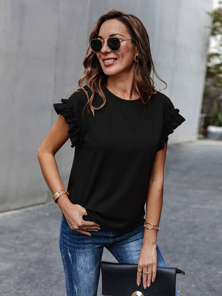 Ruffle Cuff Solid Tee | SHEIN