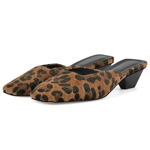 Adrizzlein Leopard Mule Heels for Women Square Toe Kitten Heel Leopard Mules Closed Toe Low Heel Slides Sandals Summer Dress Shoes Leopard Size 10 | Amazon (US)