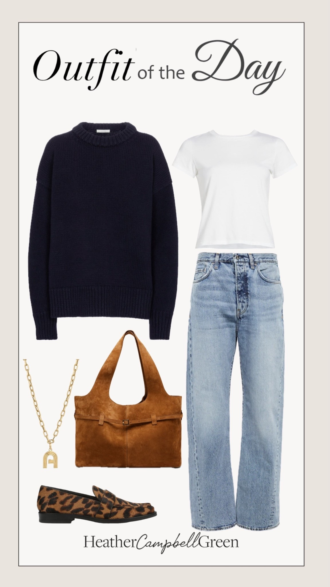 Dakota Johnson core! Effortless, classic, and quietly luxurious 🤎 This is the kind of outfit that never goes out of style — the perfect mix of polished and relaxed. A navy cashmere sweater layered over a crisp white tee, vintage-inspired straight jeans, and chic leopard loafers for a subtle statement. Add a rich suede tote and gold pendant for that understated “old money” vibe that’s trending everywhere right now.

Think timeless capsule wardrobe essentials — elevated basics you’ll wear on repeat this fall.

#QuietLuxury #FallOutfitI