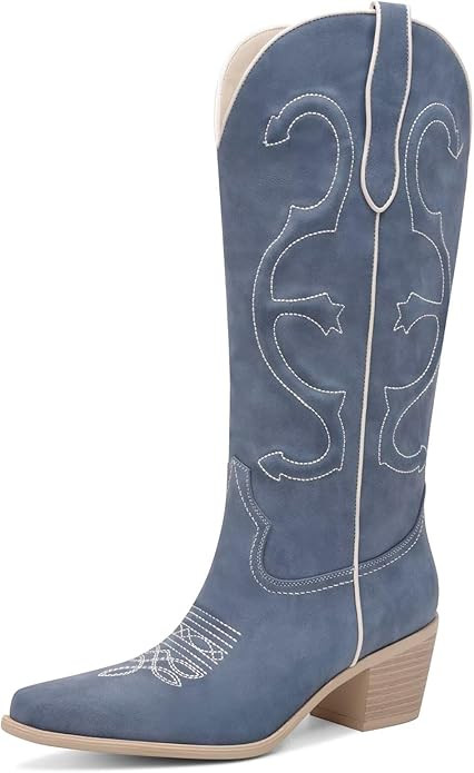 Women's Cowboy Boots Mid Calf Cowgirl Boots Pointed Toe Chunky Heel Fashion Embroidery Western Pu... | Amazon (US)