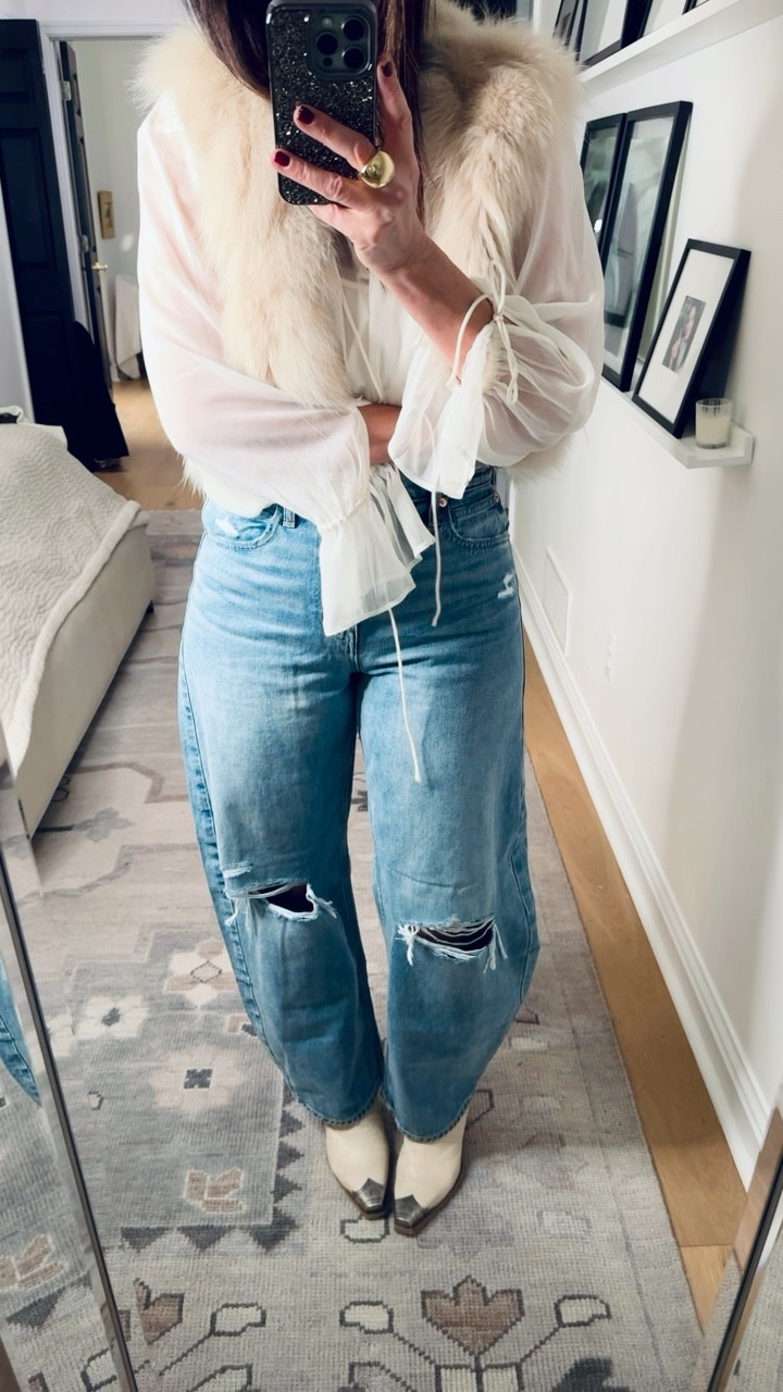 Remember tops are ok, but avoid shredded jeans!!! 
My fur vest is old but I linked similar below. Major sale on jeans and blouse - 

#LTKWatchNow #LTKSaleAlert #LTKFindsUnder50