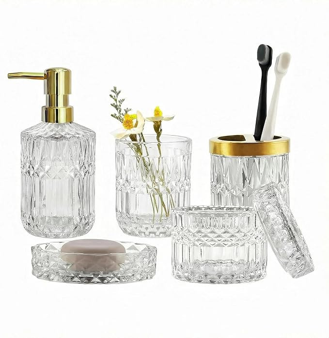 Clear Bathroom Accessories Set, 5pcs Crystal Glass Bathroom Set Accessories, Soap Dispenser, Toot... | Amazon (US)