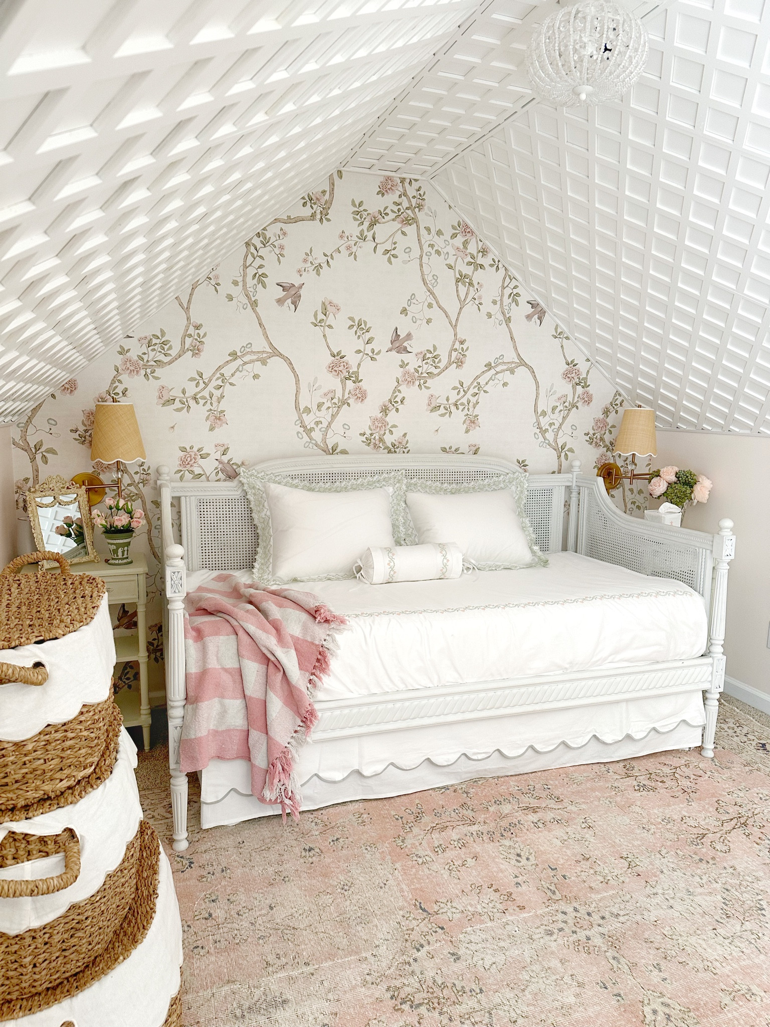 Plug in wall sconce, grand millennial, peel and stick wallpaper, daybed, trundle bed, Ballard, amazon Buffalo plaid throw blanket, Schweitzer linen, stackable nesting baskets, toy storage, organization, nursery, girl, glam, designer. Bed skirt, nightstand 

#LTKFind #LTKhome