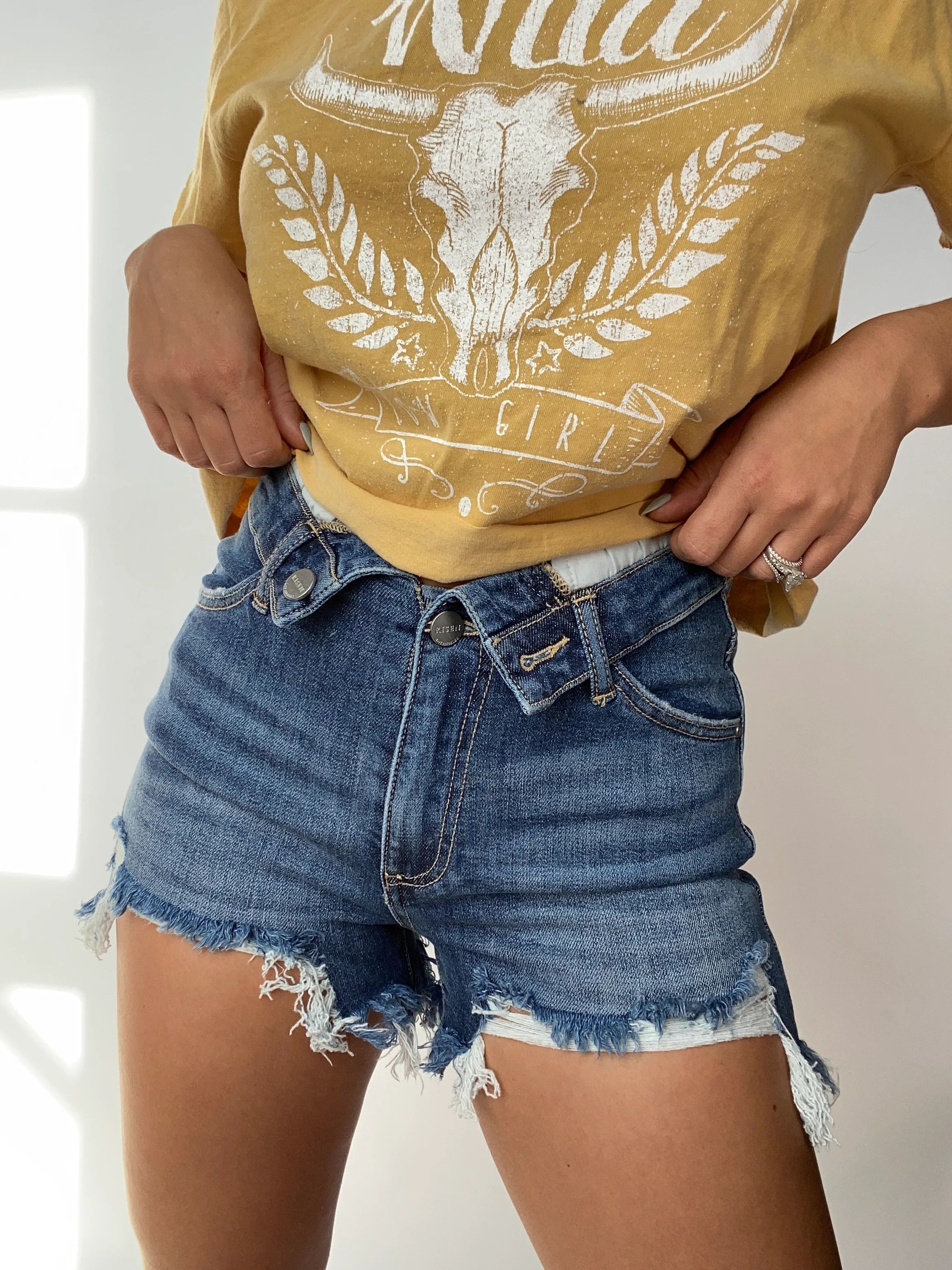 Fold Over Distressed Shorts- Medium Wash | Willow Boutique