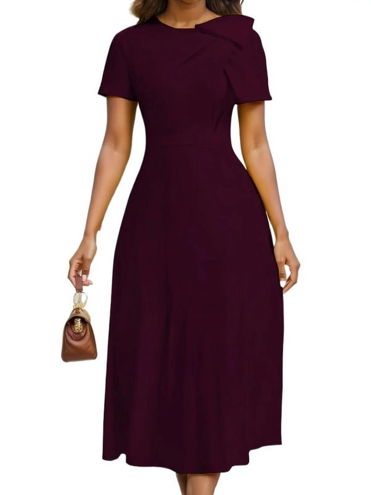 HVEOO Women's Casual A Line Swing Summer Dress Short Sleeve Round Neck Wrap Evening Party Dresses... | Walmart (US)