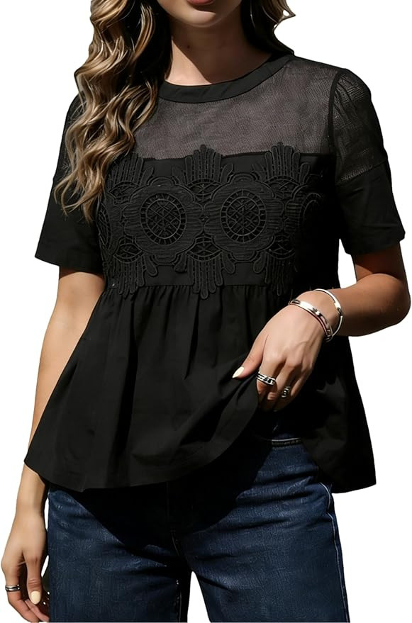 Lace Short Sleeve Babydoll Top Pleated Hem Mesh Detailing Elegant Casual Blouse for Beach Vacatio... | Amazon (US)