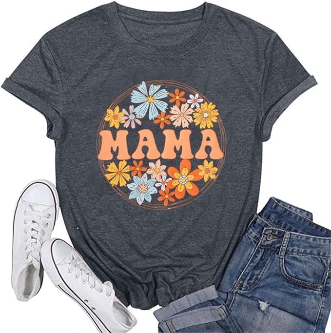 Mama Shirts for Women Mama Flowers Shirt Floral Mama Graphic T-Shirt Tee Short Sleeve Mom Tops | Amazon (US)