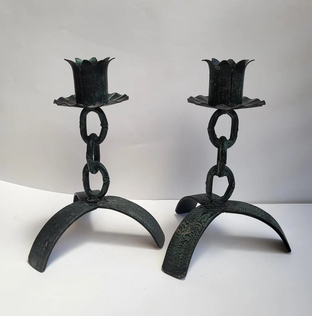 VINTAGE Pair of Brutalist Style Chain Candle Holders/floral Design, Welded Chain Stem, Tripod Bas... | Etsy (US)