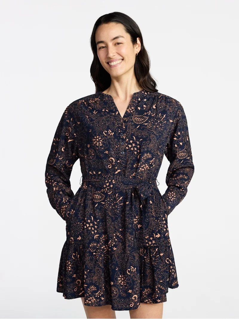 Time and Tru Women's Tiered Mini Dress with Long Sleeves, Sizes XS-XXXL | Walmart (US)