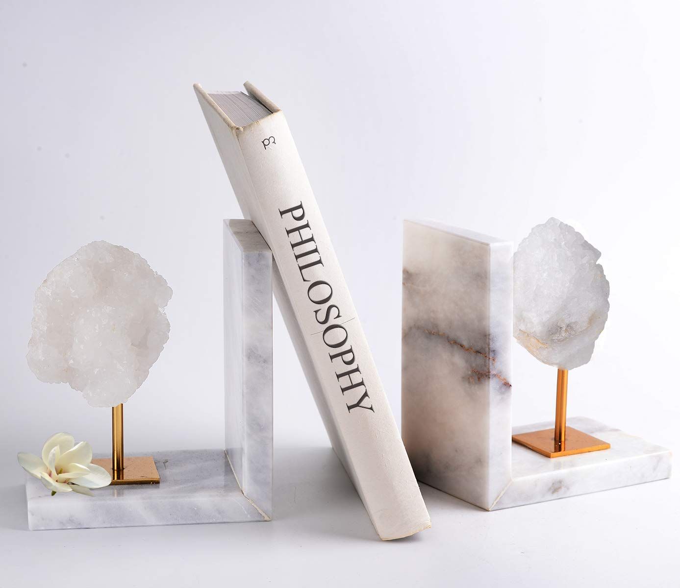 AMOYSTONE Geode Bookends Decorative White Agate Book Ends for Heavy Books Marble Bookends Shelves De | Amazon (US)